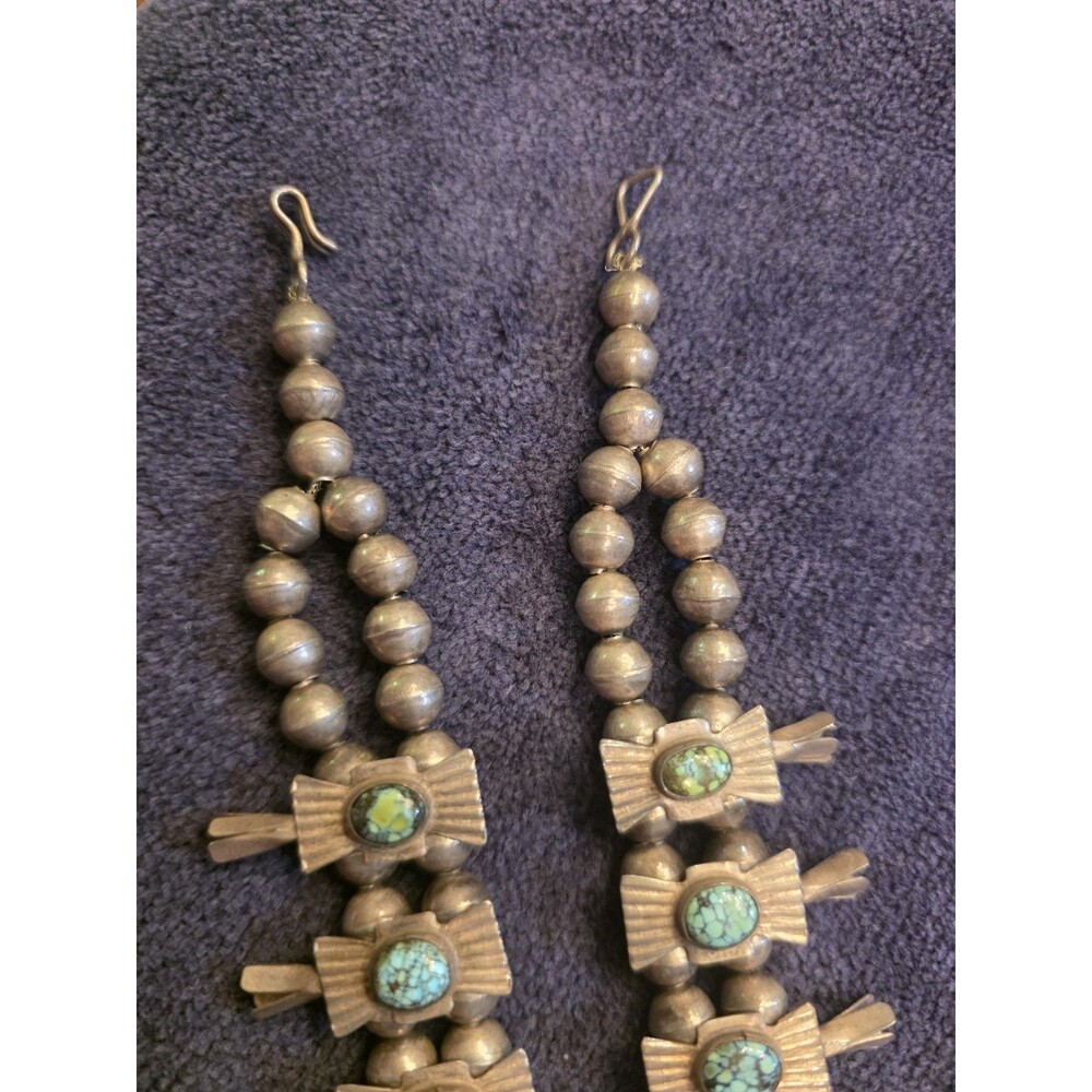 Navajo Bowtie Squash Blossom Spider Web Blue Turquoise Necklace -VINTAGE- SILVER - Picture 10 of 12